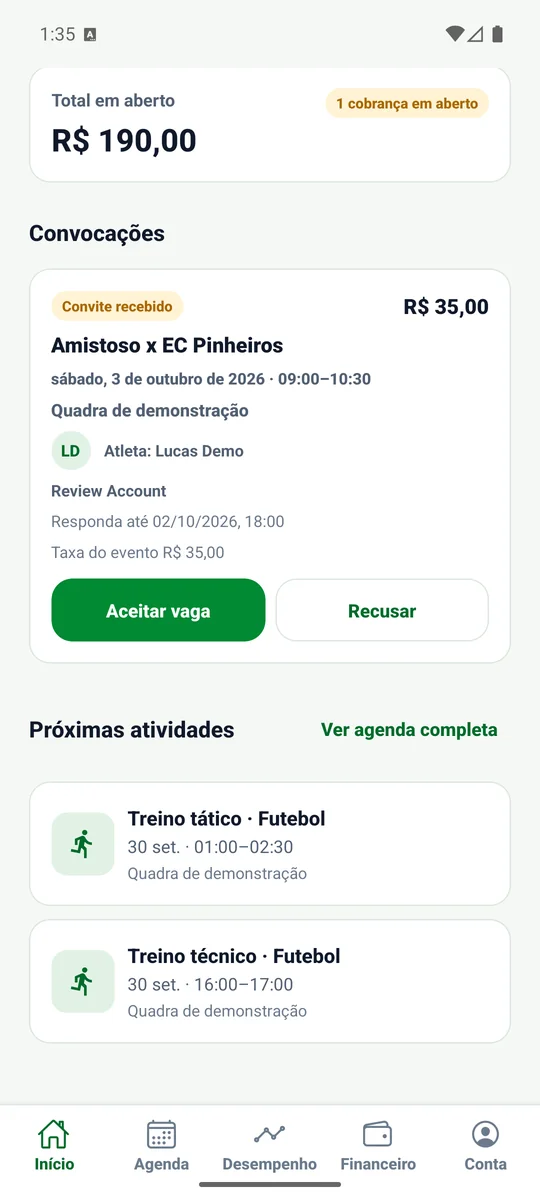 Convocação do amistoso no app do responsável, com botões para aceitar a vaga ou recusar