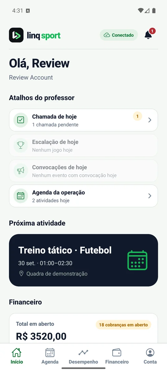Início do app com a chamada de hoje pendente e o próximo treino