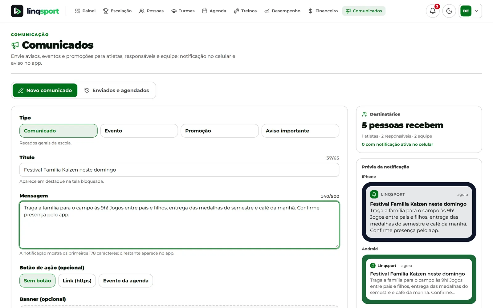 Criação de comunicado com prévia no celular